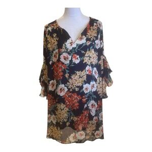 Floral Print Dress V Neck Long Sleeve Ruffle Cuff Lightweight Flowy